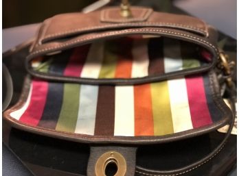 Coach Black Leather Wristlet With Silky Multi-colored Striped Interior
