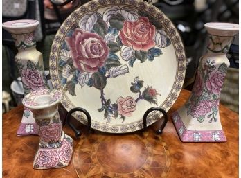 Floral Plates With Matching Candlesticks