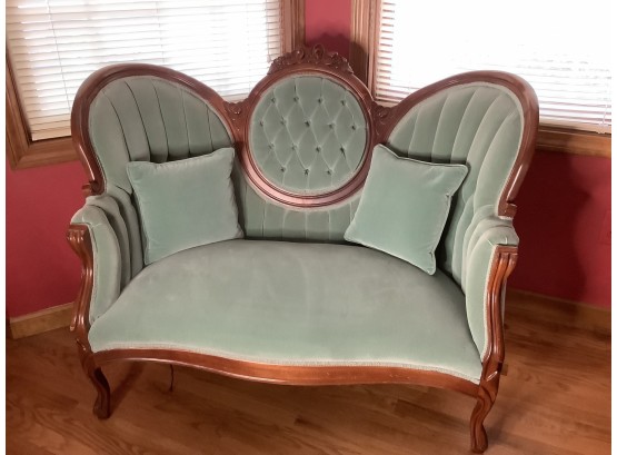 Early Victorian Styled Blue/green Cushioned Loveseat