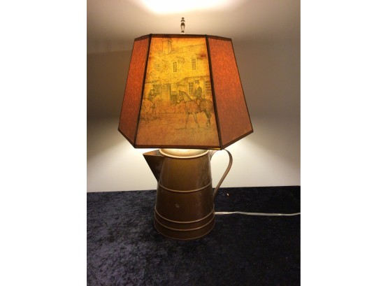 Beautiful Copper Base With Horse Shad Lamp Signed Shade