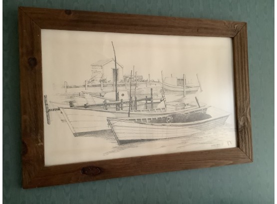 Zander Brody Signed Black And White Art Of 3 Boats By The Dock
