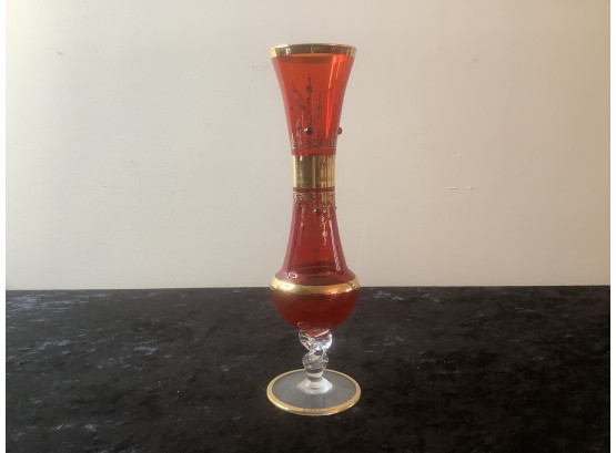 Red And Clear Glass With Gold Design Vase