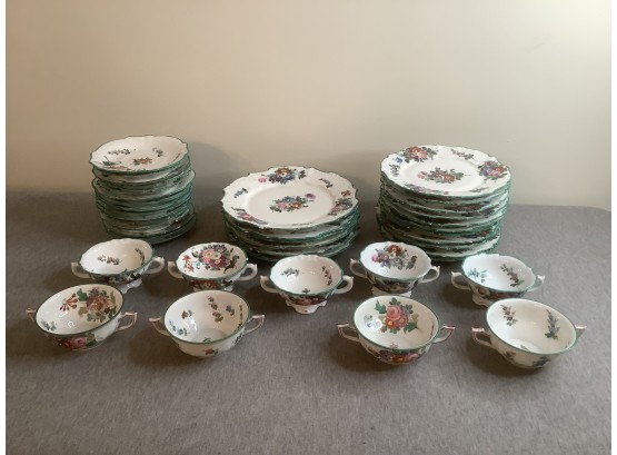 Crown Marked Fine China White With Green Trim And Floral Design