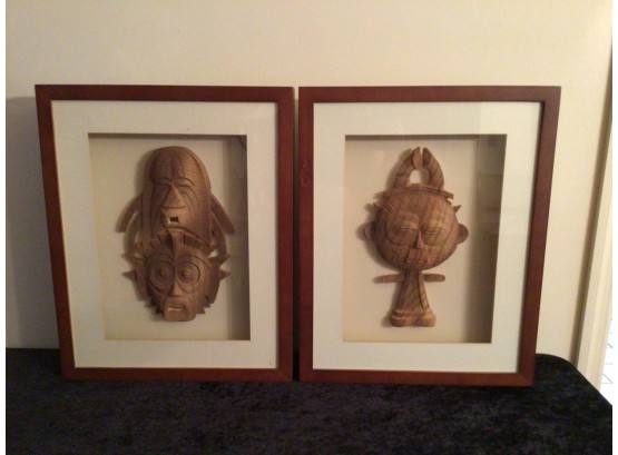 Hand Carved Egyptian Wood Sculptures In Shadow Boxes