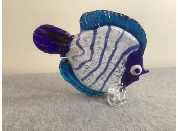 Blue White And Clear Glass Fish Sculpture