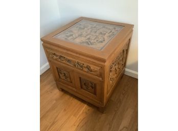 Hand Carved Nightstand With Glass Top- One Shelf One Cabinet