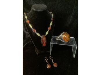 Amber And Sterling Necklace, Earrings And Cuff Bracelet