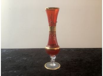 Red And Clear Glass With Gold Design Vase