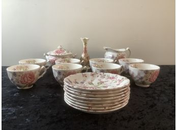 Rose Chintz Tea Cup And Saucer Lot With Cream And Sugar Bowl