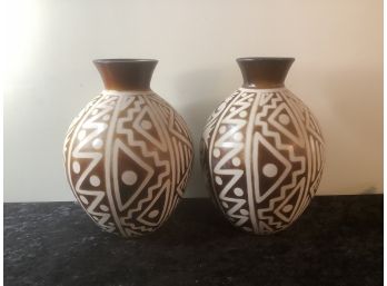 Brown And White Tribal Vases Lot Of 2