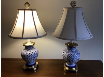 Pair Of High End Brass , Blue And White Lamps