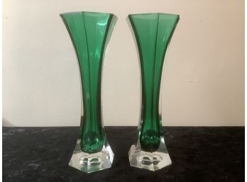 Green And Clear Glass Vase Lot Of 2
