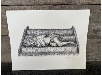 Signed Lithograph Girl On Steps