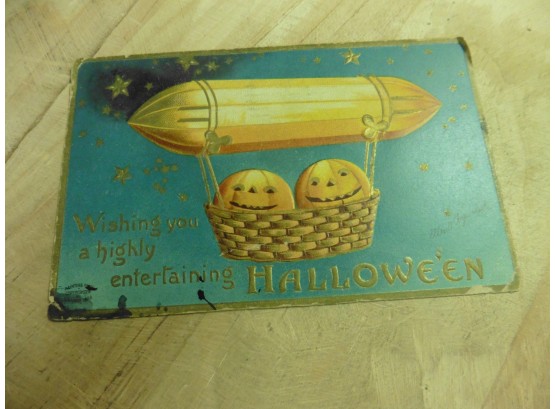 (B45)1910  Halloween Jack-O-Lantern Postcard W/ 1 Cent Benjamin Franklin Green Stamp