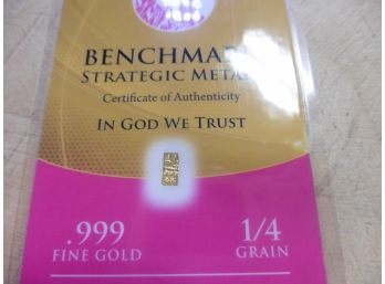 1/4 Grain .999 Fine Gold Certificate Of Authenticity In Sealed Card