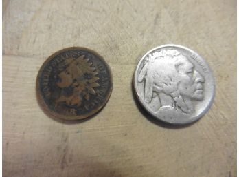(P) 1908  Indian Head Cent Penny And Buffalo Indian Head Nickle No Date