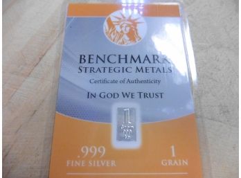 1 Grain .999 Fine Silver Certificate Of Authenticity In Sealed Card