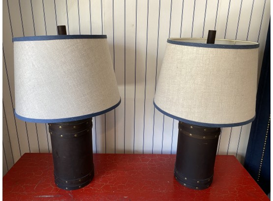 A Pair Of Leather  Barrel Table Lamp   By Jamie Young   Drum Shades Made In India - 6'  X 25'h