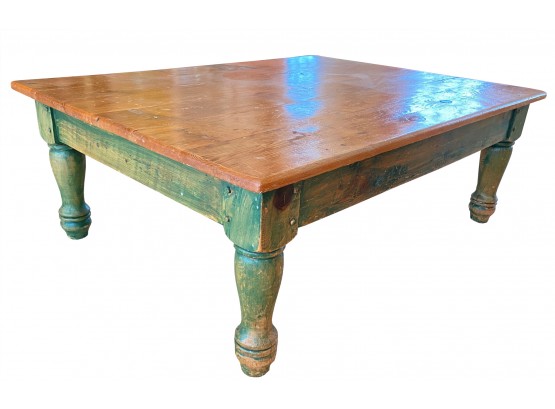 A Vintage Pine  Coffee Table With Painted Green Distressed Legs - 48'w X 36'd X 17'h