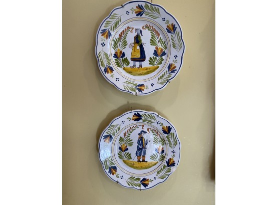 A Pair Of Ceramic Hand Painted  Decorative Plates -  Quimper Style - 9.5' Diameter