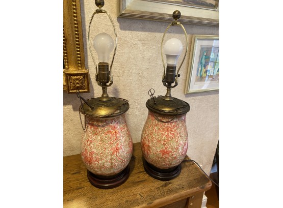 A Beautiful Pink & Green Asian Style  Lamps On Wood Base With Shade  PAIR - 24'H