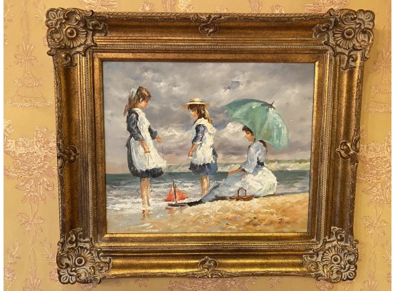A Signed (Pierry?) Nicely  Framed Painting -  Girls On The Beach - 33'w X 29'h