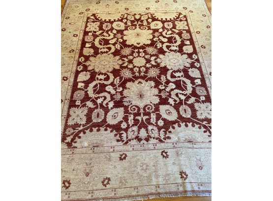 An Hand Knotted  Cream  Red Area Rug With Fringe - 96'w X 116'l