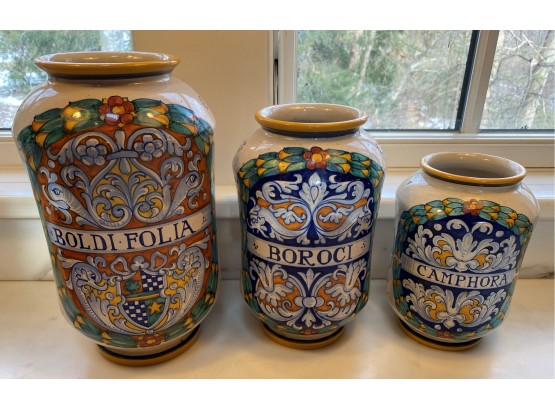 A Set Of Three   Apothecary Ceramic Jar  'Sberna Deruta' Hand Painted Italy