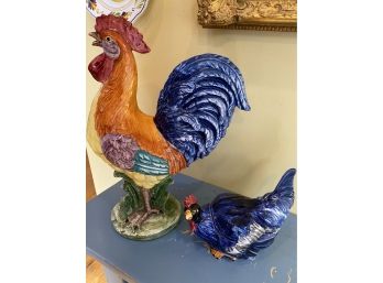 A  Decorative Ceramic   Rooster &    Blue Hen Turren , Vietri Italy