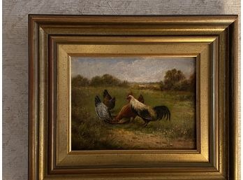 A Framed Painting On Canvas - Chicken, Hens Feeding In The Field. - 12.5'w X 10.5'h