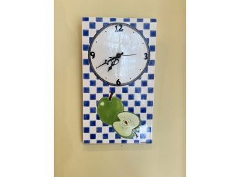 FAGERGREN Ceramic Blue And White Check With Green Apples Wall Clock - 13'h