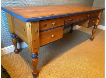 A Ron Fisher  Knotty Pine Large Desk & Chair  With Blue Trim Details Made In Iowa