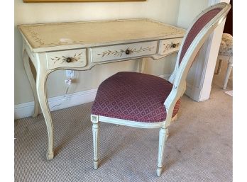 A Distressed  Shabby Chic Hand Decorated Writing Desk & Upholstered Chair - Gold Accents