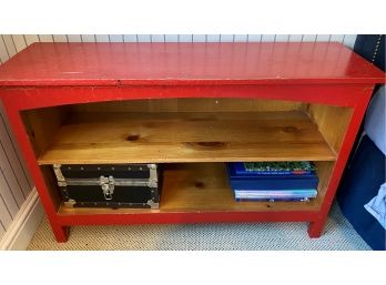 A Ron Fisher  Knotty Pine  Bookcase,  Red  Crackle  Paint  Finish - 44'w X 14'd X 28'h
