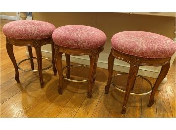 A Set Of Three  Round Upholstered Wood Kitchen Counter Stools - 19' Diameter X 23'h