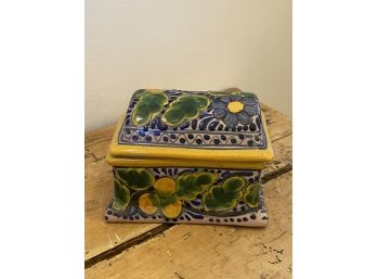 A Signed Ramos Corona Talavera Hand Painted  Mexican Folk Art Ceramic  Trinket Box