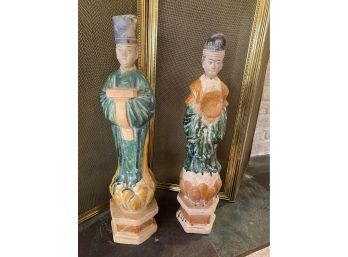 An Unique  Pair Of  Antique  Chinese Figural Terracotta Sculptures- 22'h