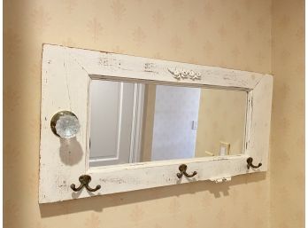 A Distressed Old Door, Creamy White With Mirror & Glass Door Handle With Hooks For Hanging - 31'w X 15'h