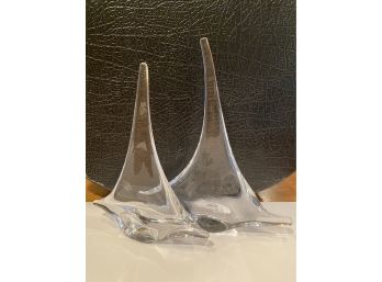 A Simon Pearce Signed Glass Sail Boat   Paperweights Two Pieces