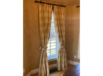 A Pair Of  Yellow & Cream Drapes,  Silk Pinch Pleat Lined With Tie Backs 30'w X 89'h - 2 Of 3  Set