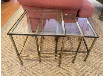 A Set Of Three Metal  & Glass Nesting Tables - Largest One 20'w X 18'd  X17'h