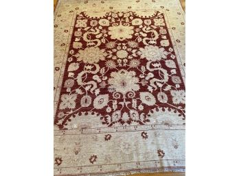 An Hand Knotted  Cream  Red Area Rug With Fringe - 96'w X 116'l