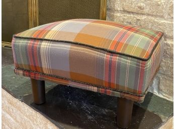 An Elegant Plaid Footrest With Piping  Leather Trim Details. - 18'w X 13'd X 11'h