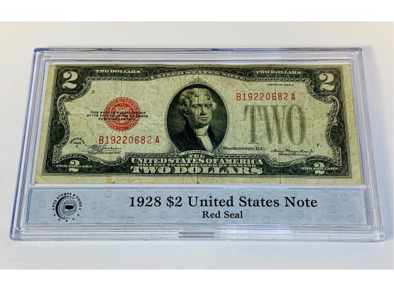 1928 $2 Dollar Red Seal Bill In Plastic Case