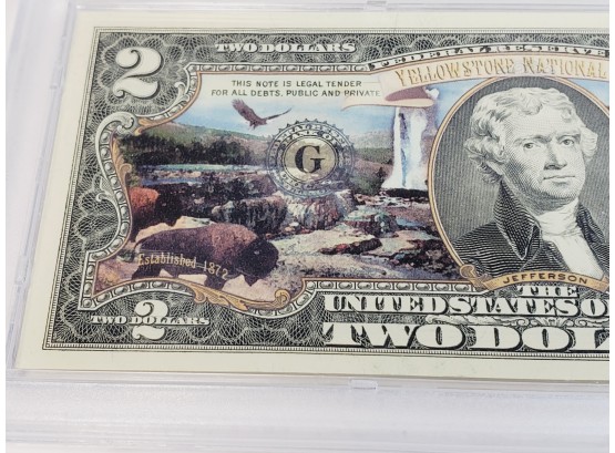 Colorized $2 Dollar Bill America The Beautiful YELLOWSTONE   In Hard Plastic Case