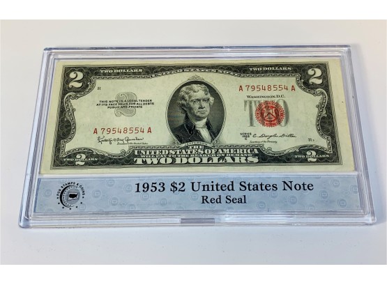 1953 $2 Red Seal Bill In Hard Plastic Case