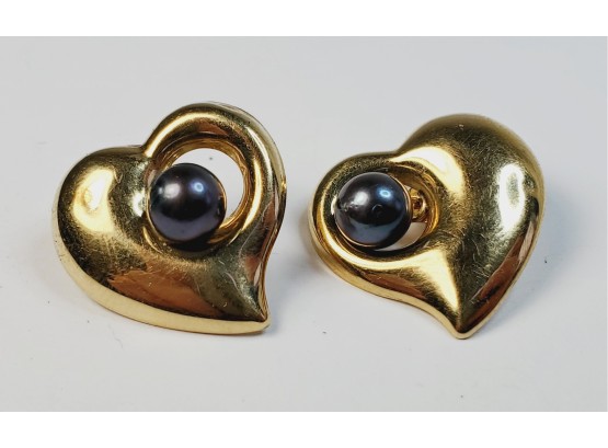 14kt YELLOW Gold Heart And BLACK Pearl Earrings