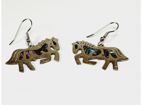 Vintage Sterling Silver Horse Earrings With Iridescent Inlay