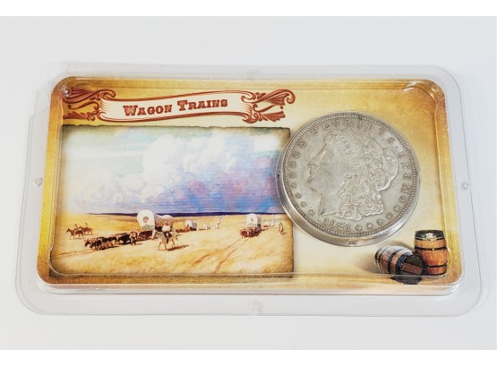 1921 Morgan Dollar In Plastic Case With Info/ History 'wagon Trails'