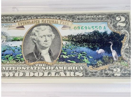 Colorized $2 Dollar Bill America The Beautiful EVERGLADES In Hard Plastic Case
